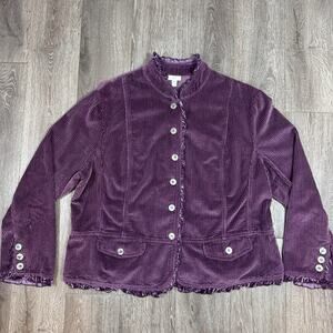 J. Jill Women's 2x Purple Corduroy Button Front Ruffle Trim Jacket Coat